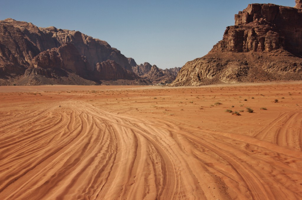 Tyre tracks wadi rum desert, Explore by jeep, 4x4, four wheel drive, jordan, UNESCO
