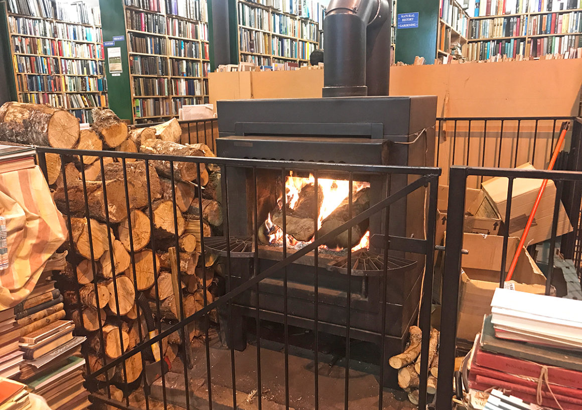 Cosy wood burner nside Leakey's Bookshop in Inverness, Scotland