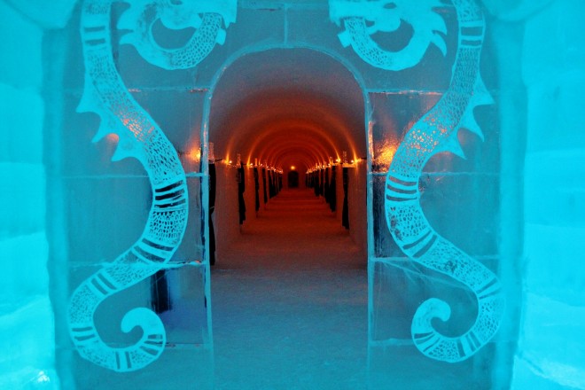 The corridor inside the Igloo Hotel which leads to the rooms