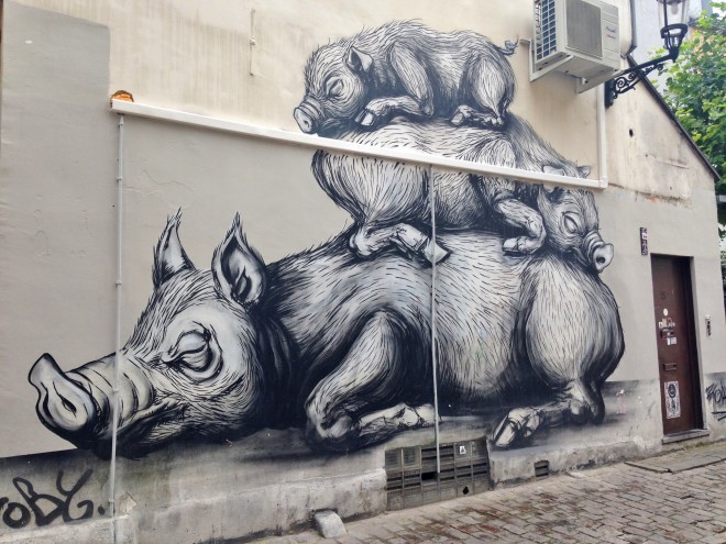 ROA Street art, Brussels, pigs