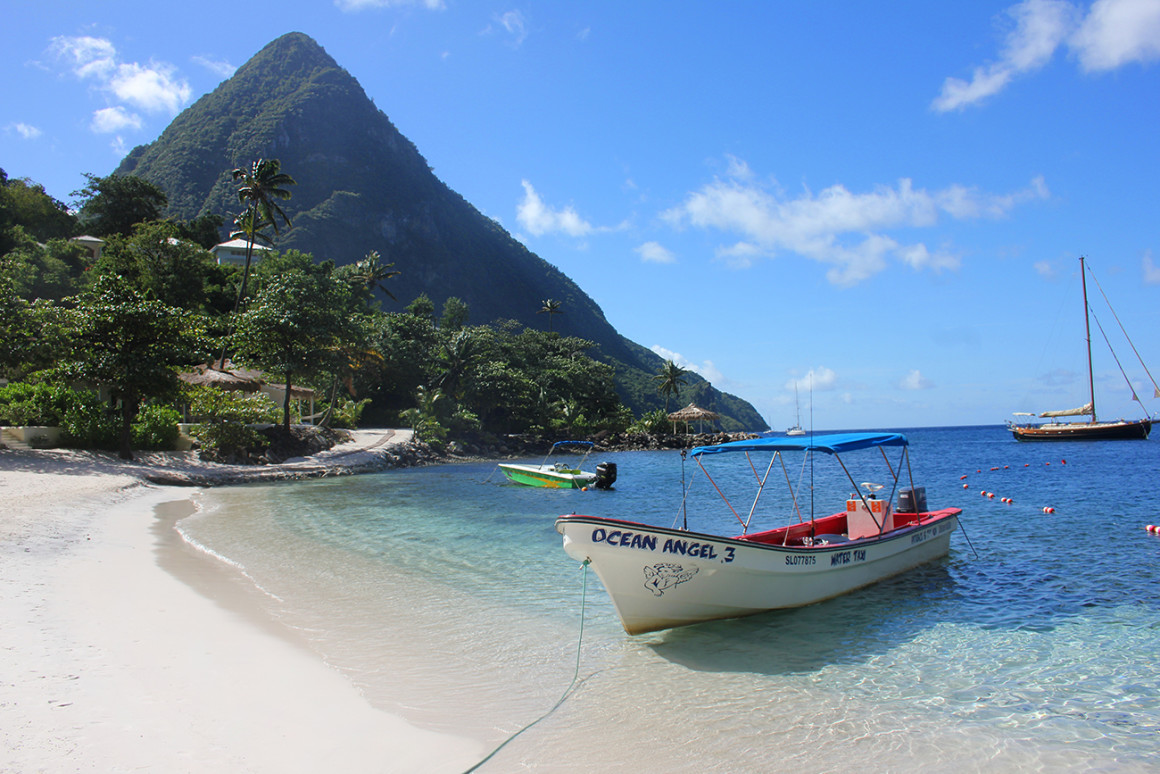 Sugar Beach in St Lucia with smaller Piton in the background