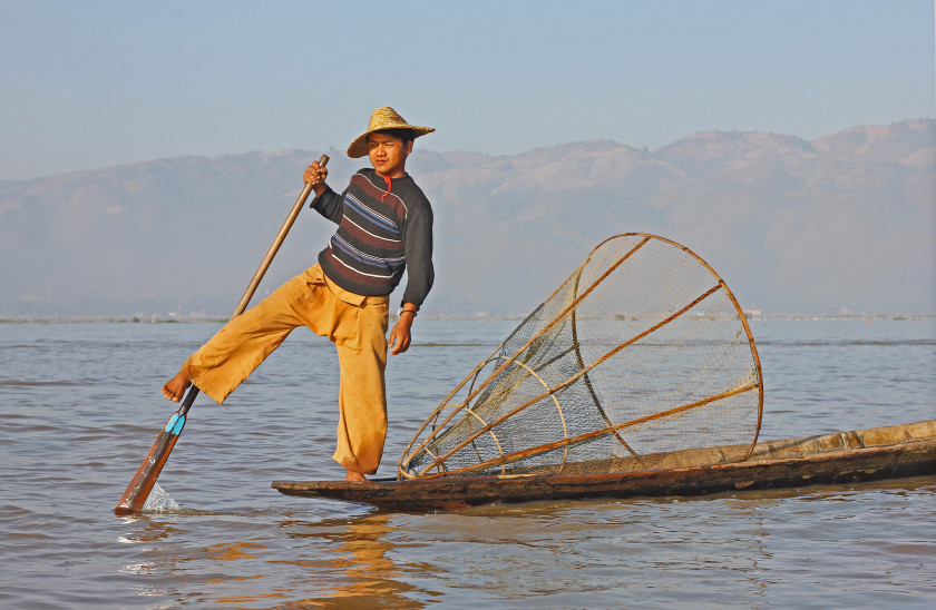 Leg-rowing fishermen in Inle Lake, travelling in Myanmar.