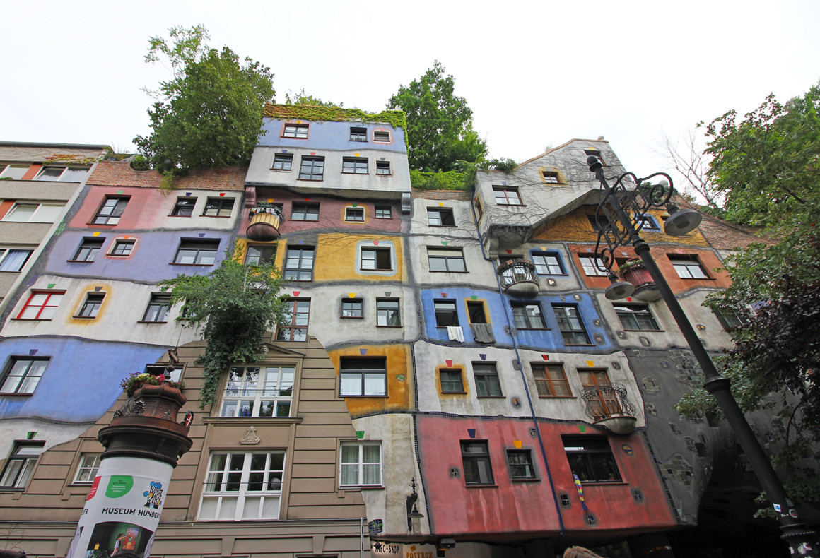 The colourful Hundertwasserhaus in Vienna. A blog about getting the train between Budapest - Bratislava - Vienna