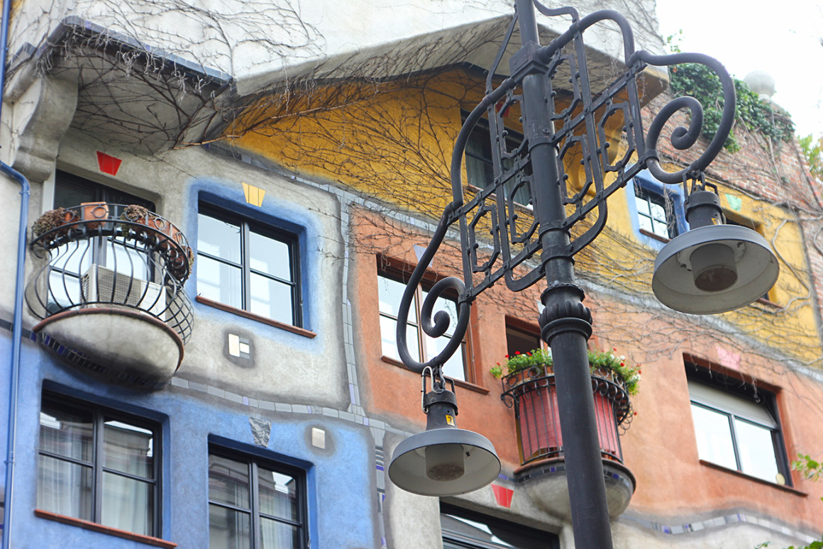 Colourful facade of Hundertwasser House in Vienna, Austria