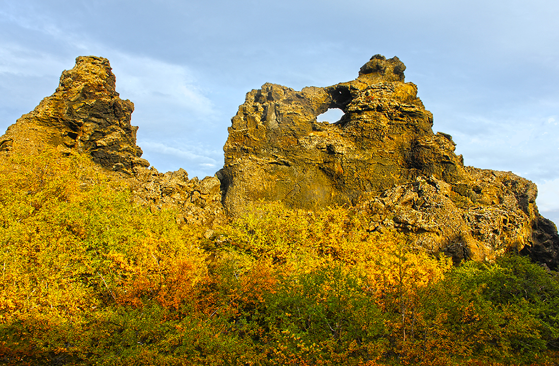 See the rock formations at Dimmuborgir in North Iceland