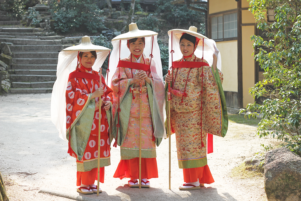 Japanese girls wearing traditional clothing on Miyajima Island