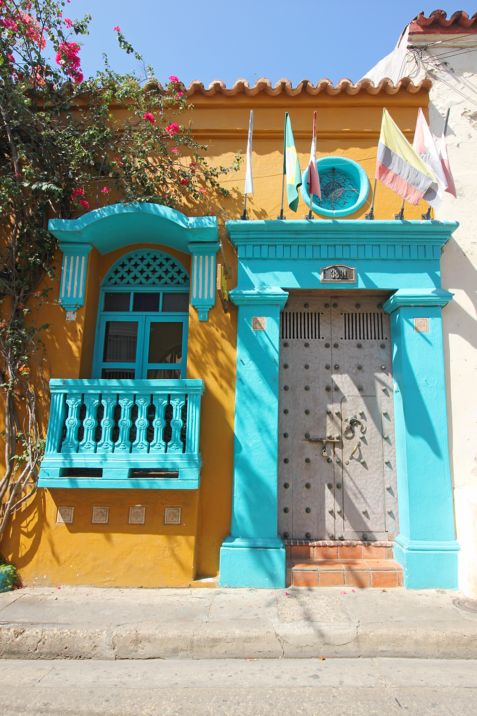 Colourful buildings and ornate doors in Cartagena, Colombia