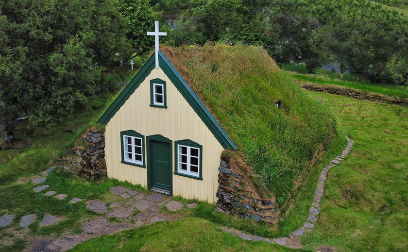 Turf roof church in Hof, Iceland
