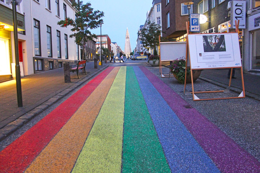Skólavörðustígur street in Reykjavik, rainbow