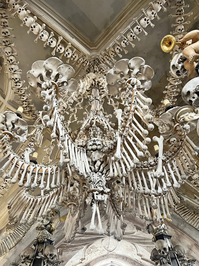 Chandelier made of bones inside Sedlec Ossuary, Kutna Hora