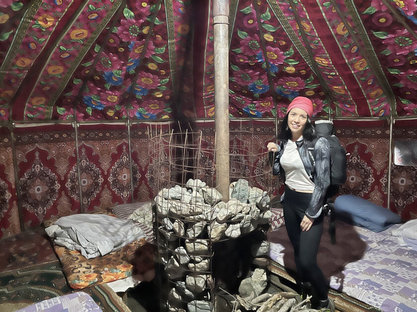 Inside yurt with stove fire - hiking Ala Kul Lake