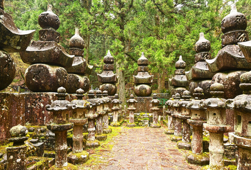tombs and pagoda in koyasan graveyard - Japan